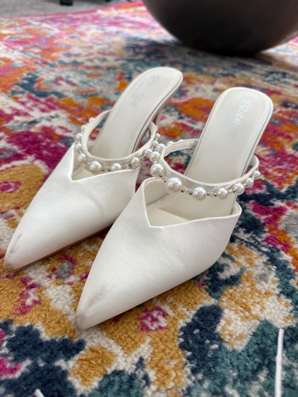 Pearl-Embellished White Satin Pointed-Toe Mules